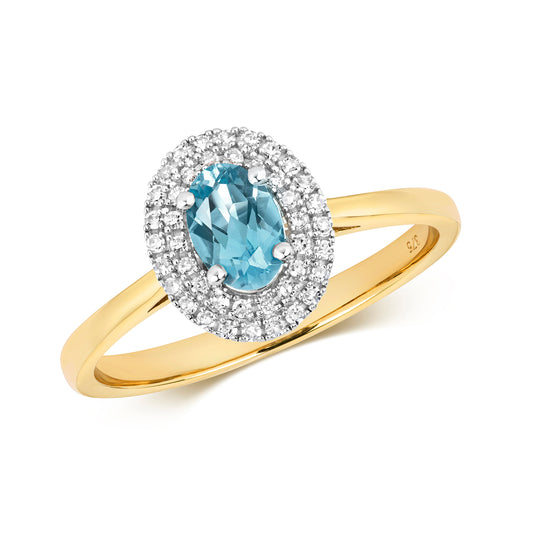 9ct Yellow Gold Real Diamond and Blue Topaz Cluster Ring, Sizes J to Q (448)