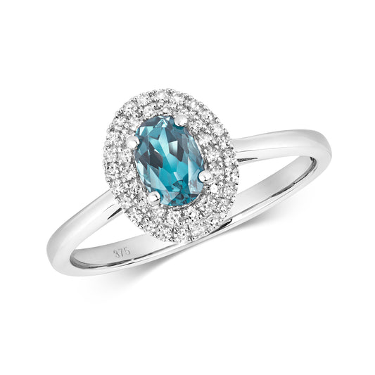 9ct White Gold Diamond and London Blue Topaz Cluster Ring, Sizes J to Q (448)