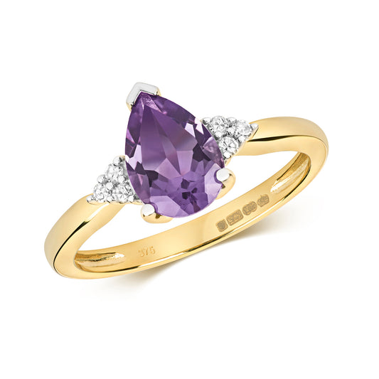 9ct Yellow Gold Pear Cut Amethyst and Diamond Ring, Sizes J to Q (451)