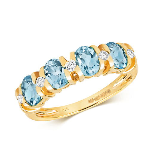9ct Yellow Gold Diamond and London Blue Topaz Band Ring, Sizes J to Q (456)