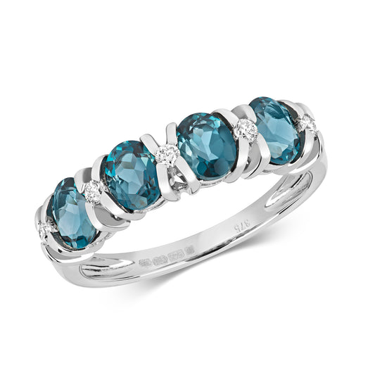 9ct White Gold Diamond and London Blue Topaz Band Ring, Sizes J to Q (456W)