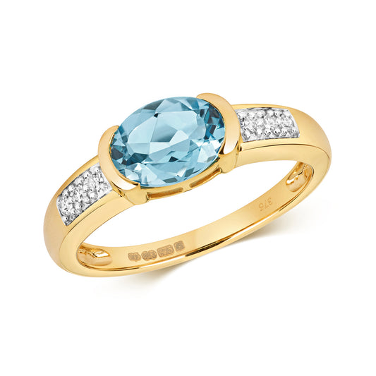 9ct Yellow Gold Blue Topaz and Diamond Ring, Sizes J to Q (457)