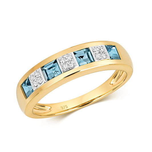 9ct Yellow Gold Real Diamond and Blue Topaz Band Ring, Sizes J to Q (458)