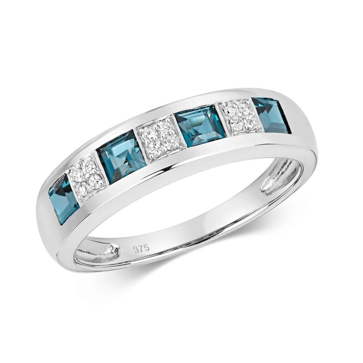 9ct White Gold Diamond and London Blue Topaz Band Ring, Sizes J to Q (458)