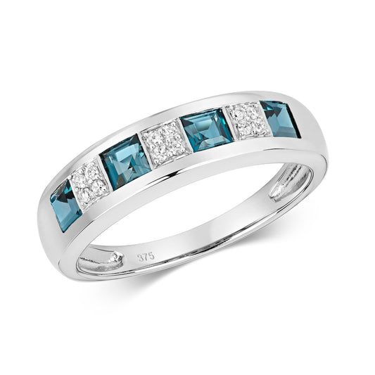 9ct White Gold Diamond and London Blue Topaz Band Ring, Sizes J to Q (458)
