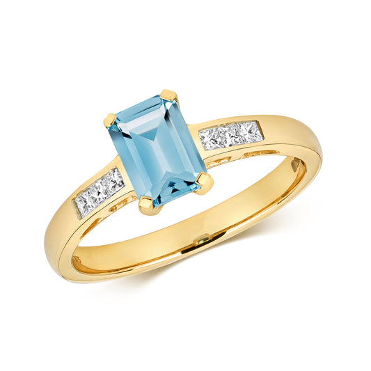 9ct Yellow Gold Blue Topaz and Diamond Ring, Sizes J to Q (460)