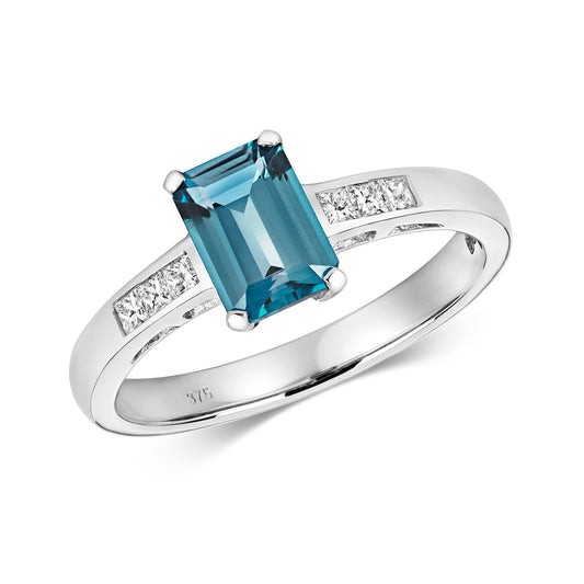 9ct White Gold London Blue Topaz and Diamond Ring, Sizes J to Q (460)