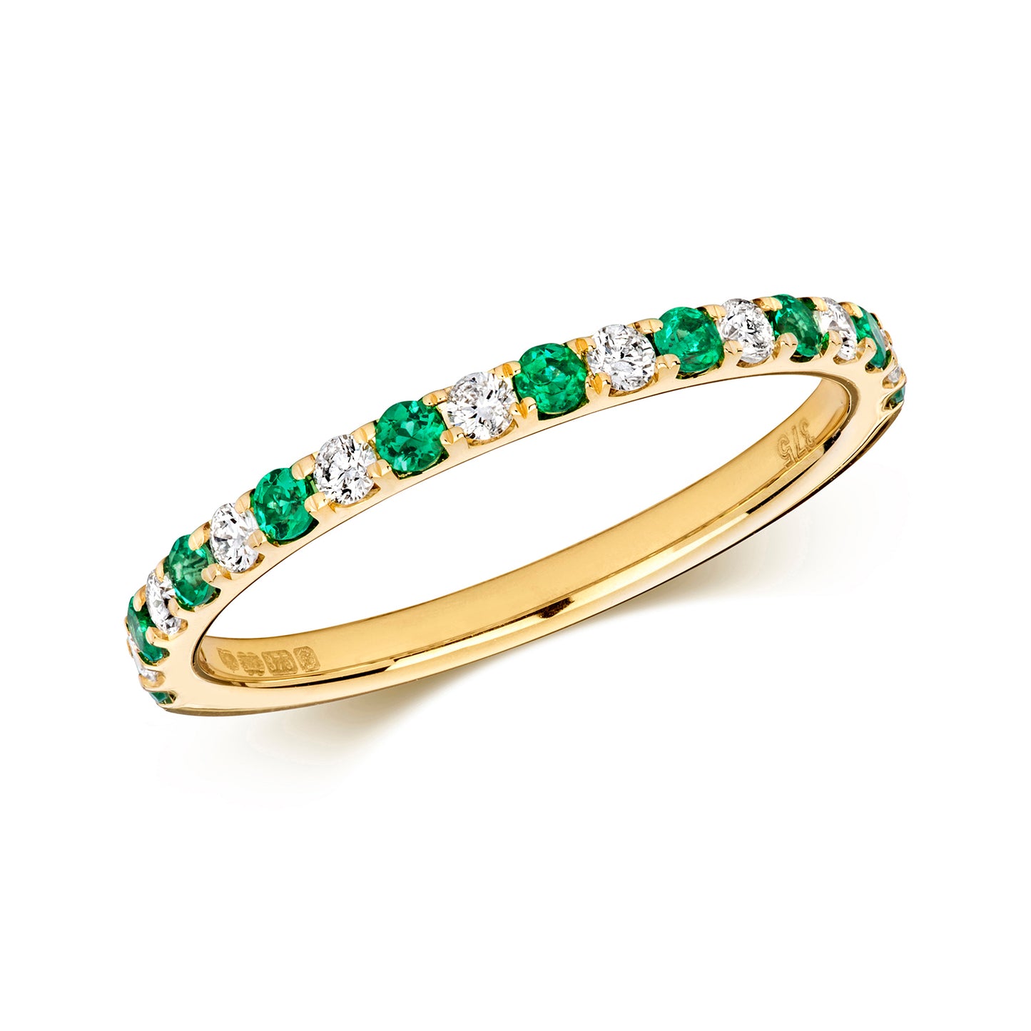 9ct Yellow Gold Emerald and Diamond Eternity Band Ring, Sizes J to Q (464)
