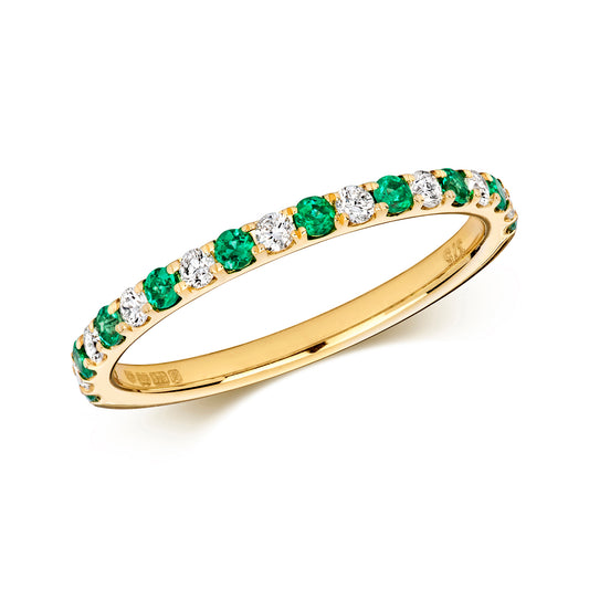 9ct Yellow Gold Emerald and Diamond Eternity Band Ring, Sizes J to Q (464)