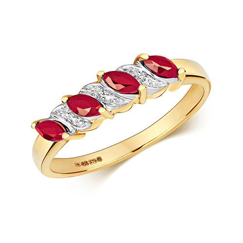 9ct Yellow Gold Marquise Ruby Gemstone and Diamond Ring, Sizes J to Q (465)