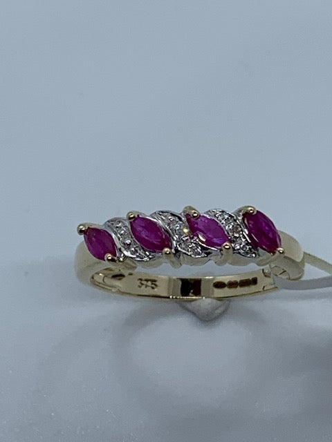 9ct Yellow Gold Marquise Ruby Gemstone and Diamond Ring, Sizes J to Q (465)