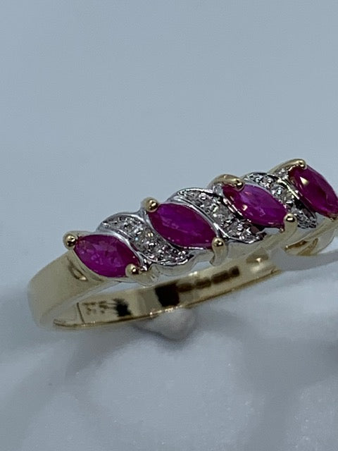 9ct Yellow Gold Marquise Ruby Gemstone and Diamond Ring, Sizes J to Q (465)