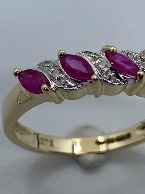 9ct Yellow Gold Marquise Ruby Gemstone and Diamond Ring, Sizes J to Q (465)
