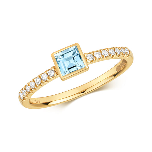 9ct Yellow Gold Natural Aquamarine and Diamond Ring, Sizes J to Q (491)