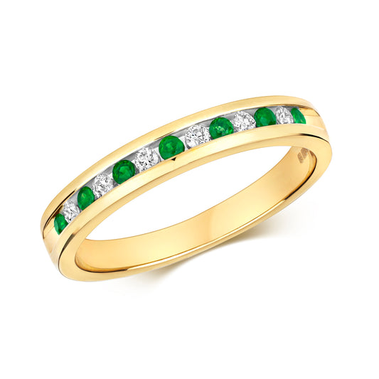 9ct Yellow Gold Emerald and Diamond Eternity Band Ring, Sizes J to Q (582E)