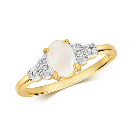 9ct Yellow Gold Natural Opal and Diamond Cluster Ring, Sizes J to Q (901O)