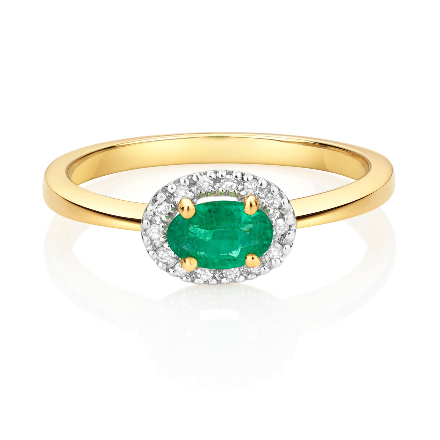 9ct Yellow Gold Emerald and Diamond Oval Cluster Ring, Ring Sizes J to Q (911)