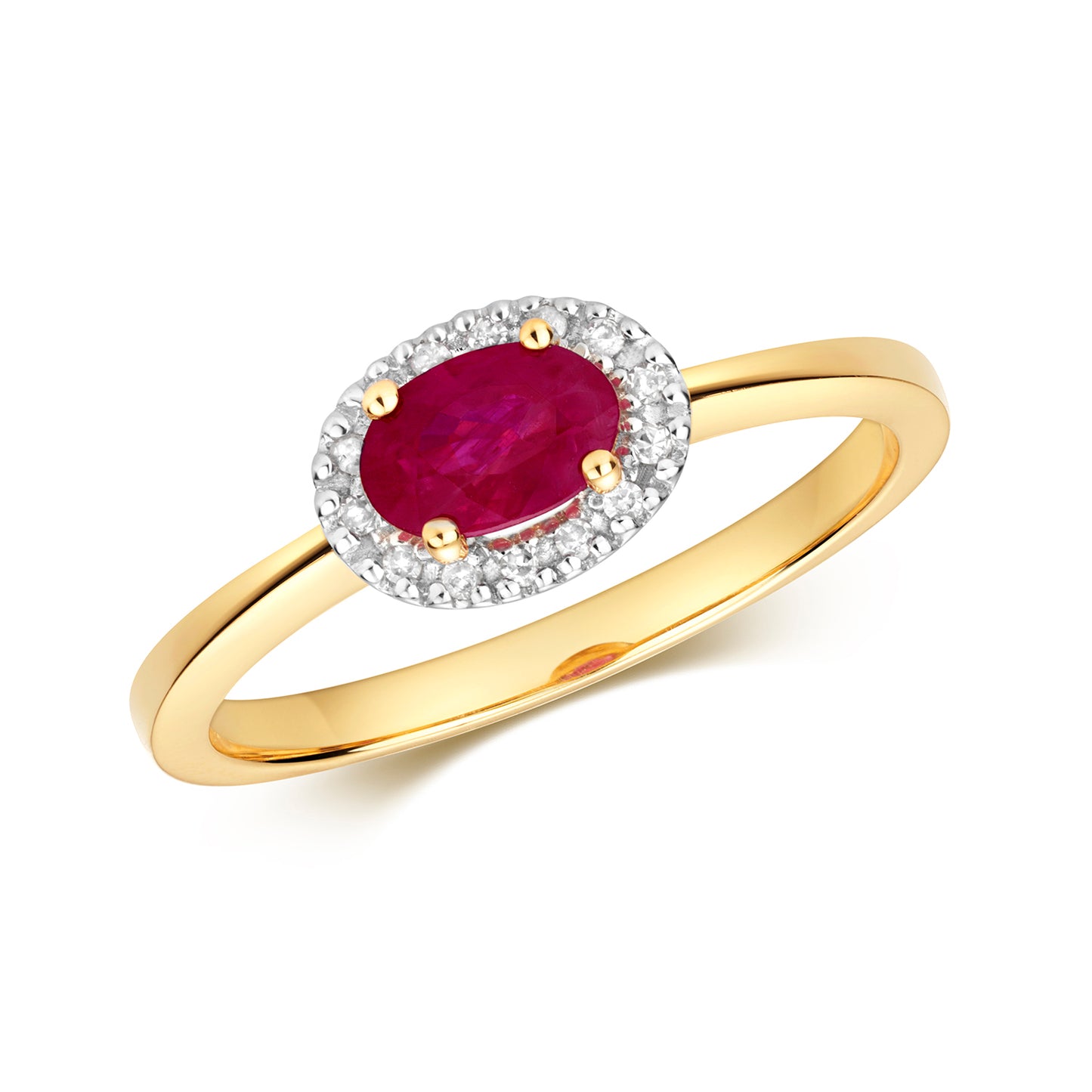 9ct Yellow Gold Ruby and Diamond Oval Cluster Ring, Ring Sizes J to Q (911)
