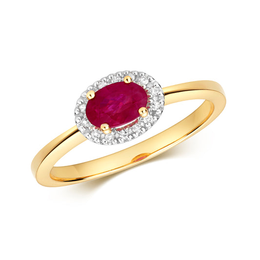 9ct Yellow Gold Ruby and Diamond Oval Cluster Ring, Ring Sizes J to Q (911)