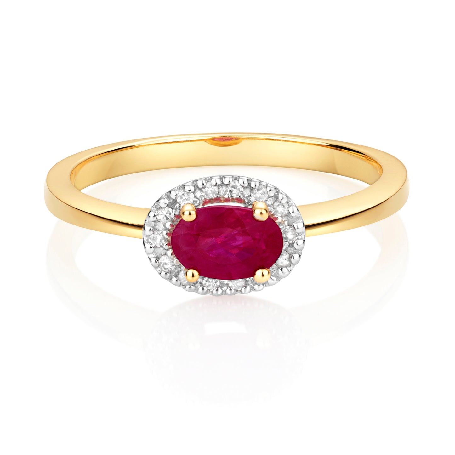 9ct Yellow Gold Ruby and Diamond Oval Cluster Ring, Ring Sizes J to Q (911)