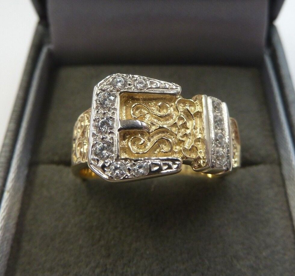 9ct Yellow Solid Gold Clear Zirconia Set Buckle Designed Band Ring (698)