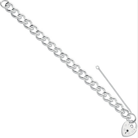 Sterling Silver Curb 9.5mm Chain with Padlock Clasp Bracelet (0092)