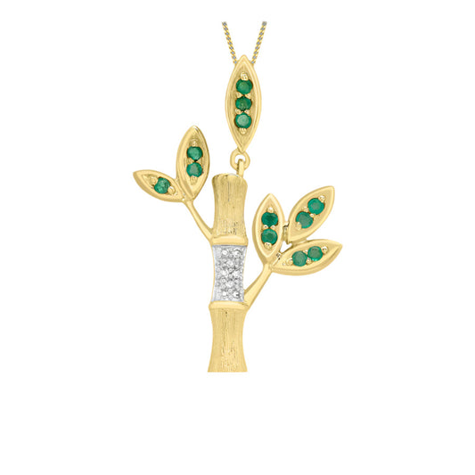 9ct Yellow Gold Diamond and Emerald Bamboo Tree Pendant on 18 Curb Chain (164E)