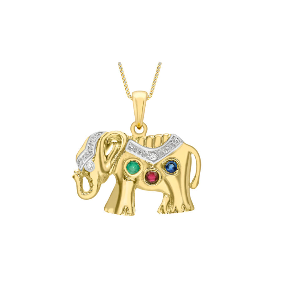 9ct Yellow Gold Diamond and Gemstone Elephant Necklace