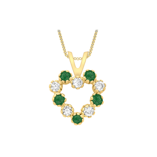 9ct Yellow Gold Green and White Stone 10x14mm Heart Pendant on 18" Chain (7324)