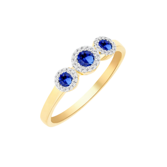 9ct Yellow Gold Trinity Ring with Lab Sapphires and Diamonds, Sizes J to T (018S)