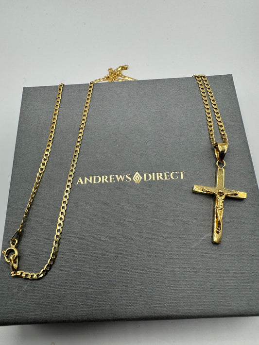 9ct Yellow Gold Cross Crucifix Pendant on 18" Curb Chain (155.076B)