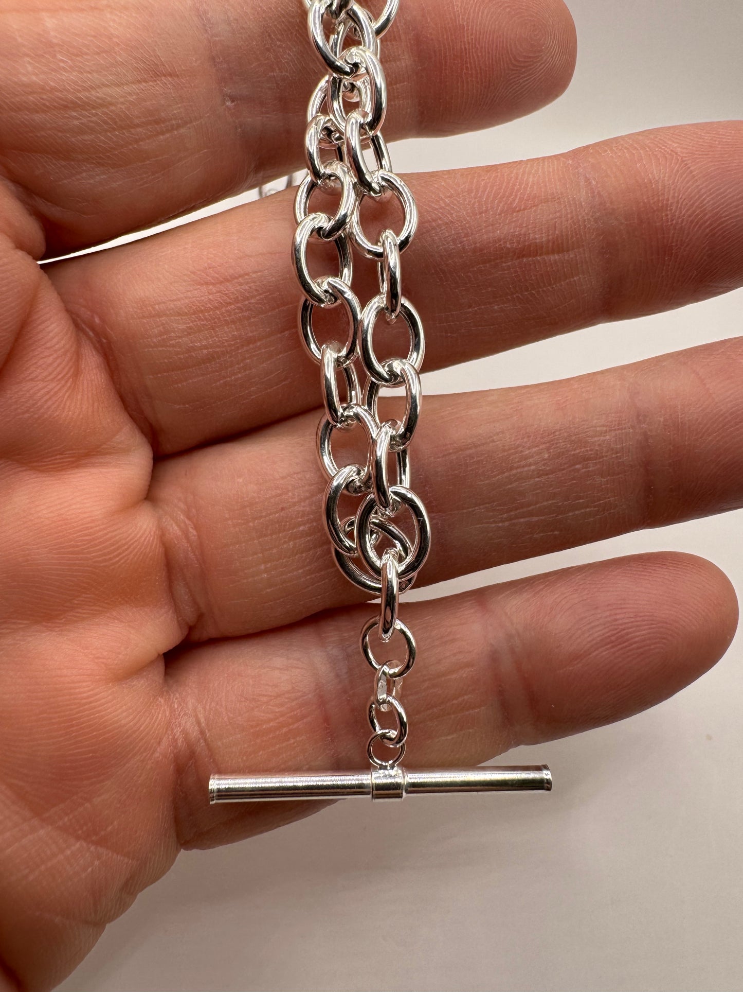 Sterling Silver T Bar Necklace Hollow 7mm Chain Links Swivel Albert Clasp (2304)