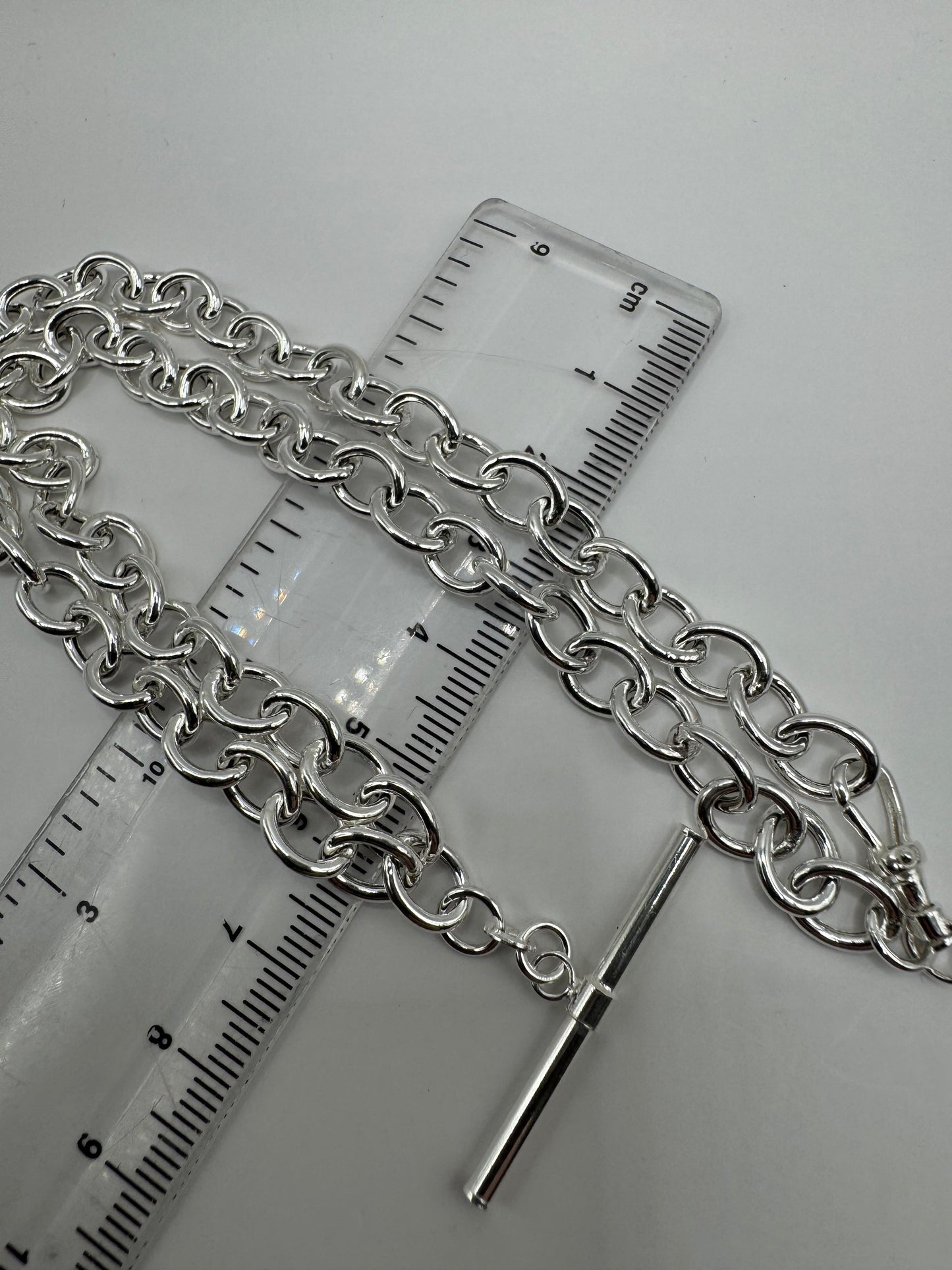 Sterling Silver T Bar Necklace Hollow 7mm Chain Links Swivel Albert Clasp (2304)