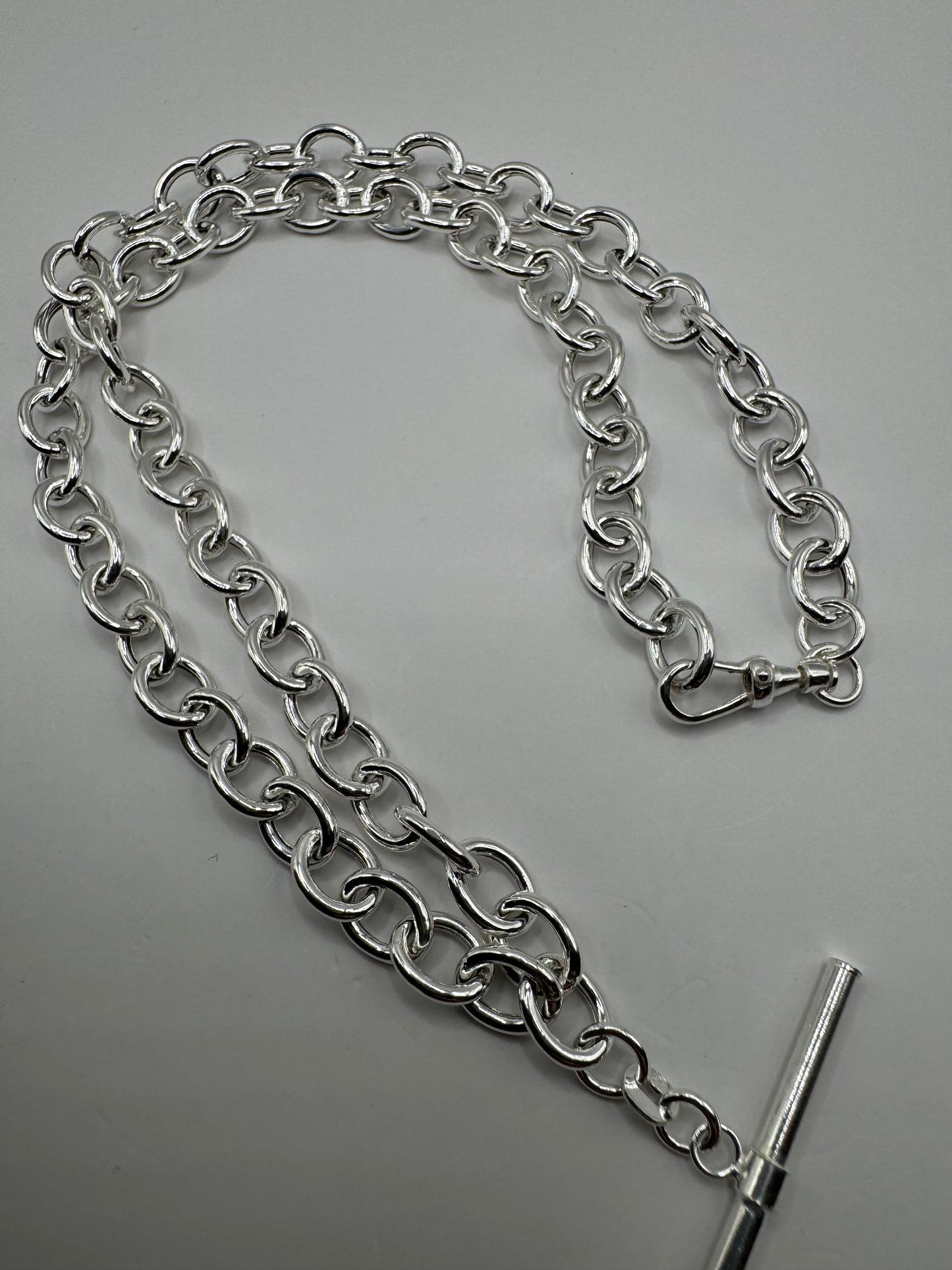 Sterling Silver T Bar Necklace Hollow 7mm Chain Links Swivel Albert Clasp (2304)