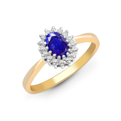 9ct Yellow Gold Tanzanite and Diamond Oval Cluster Ring, Sizes K to O (R403)