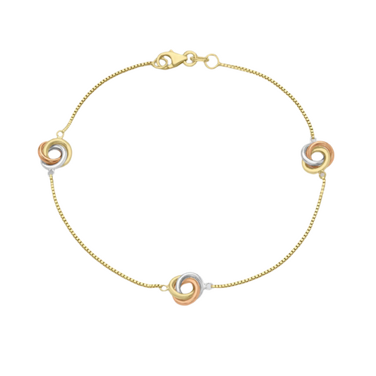 9ct 3-Colour Gold Triple-Knot Box Chain Bracelet 