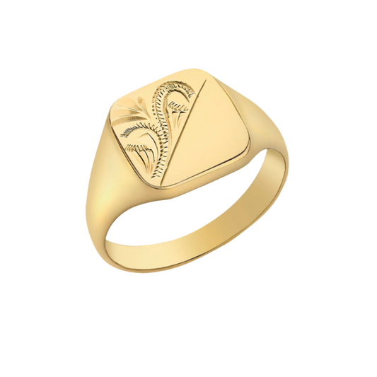 9ct Yellow Gold Half-Engraved 12mmx12mm Square Signet Ring, Sizes H to T 