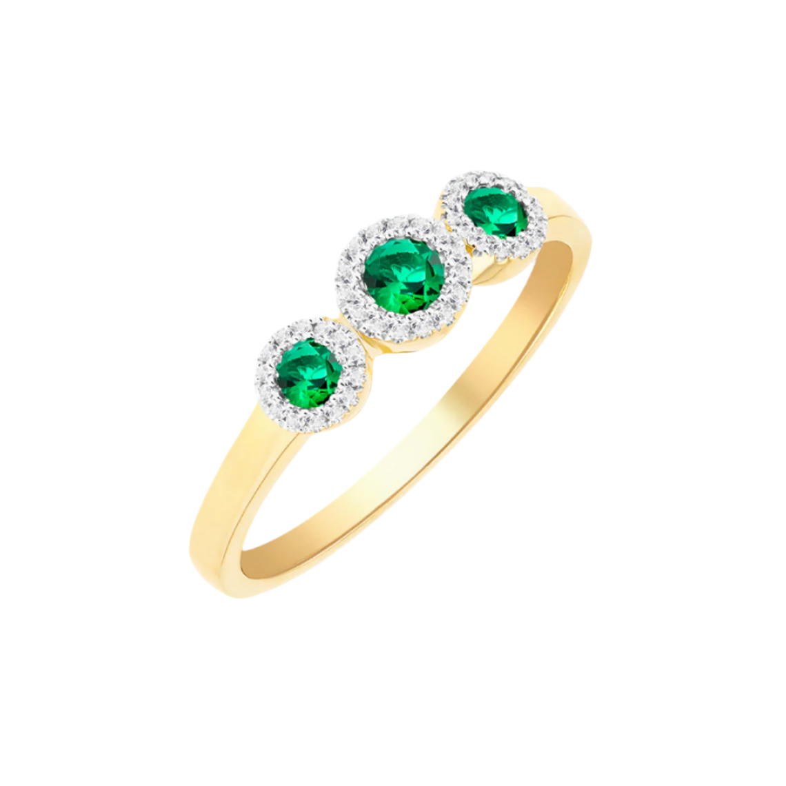 9ct Yellow Gold Trinity Ring with Lab Emeralds and Diamonds, Sizes J to T (018E)