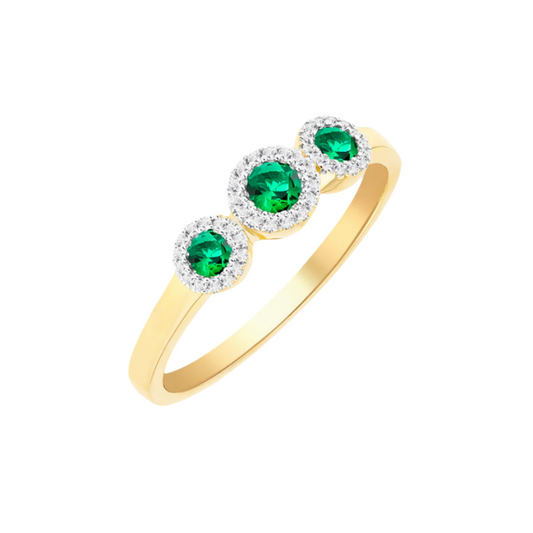 9ct Yellow Gold Trinity Ring with Lab Emeralds and Diamonds, Sizes J to T (018E)