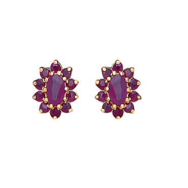 9ct Yellow Gold 10x9mm Natural Ruby Set Cluster Oval Earrings (0435)