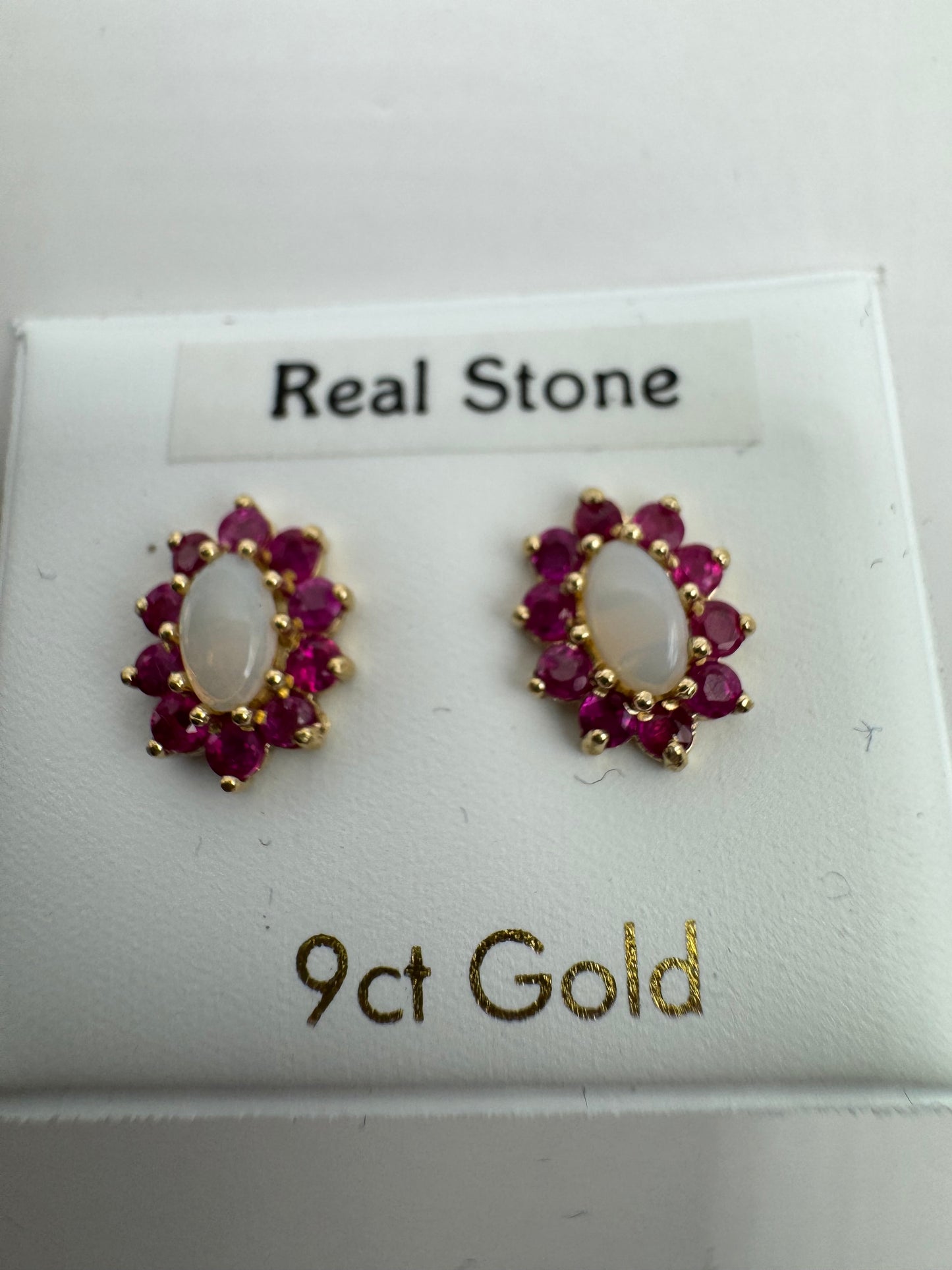 9ct Yellow Gold 10x9mm Ruby and Opal Set Cluster Oval Earrings (8055)