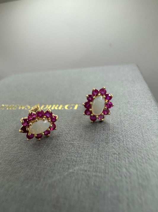 9ct Yellow Gold 10x9mm Ruby and Opal Set Cluster Oval Earrings (8055)