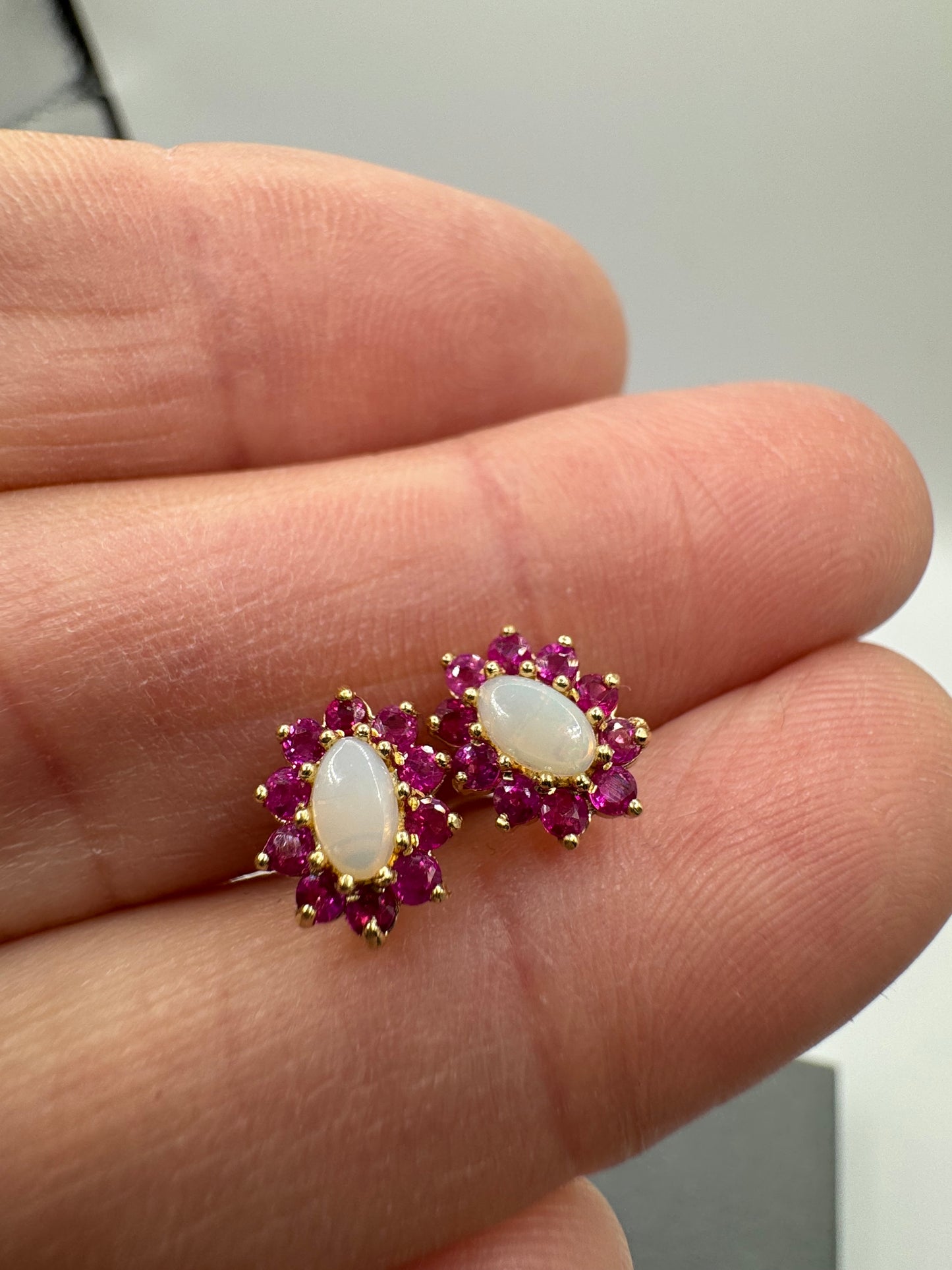 9ct Yellow Gold 10x9mm Ruby and Opal Set Cluster Oval Earrings (8055)