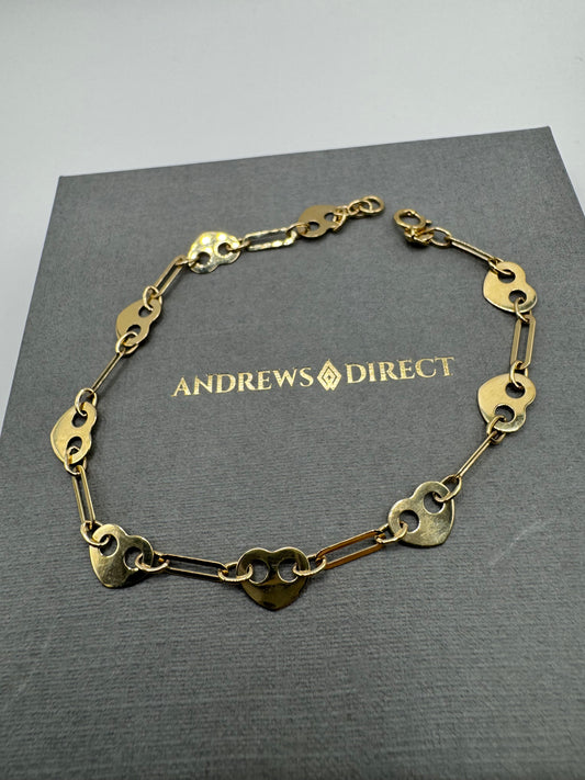 9ct Yellow Gold Hearts Featured Long Link Bracelet 7.5"/18cm (0678)