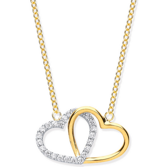 9ct Yellow Gold Zirconia Set Double Hearts Pendant on 18" Neck Chain (0596)