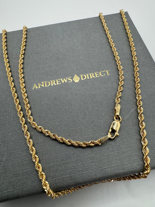 9ct Yellow Gold 2mm Hollow Rope Chain Various Lengths (0626)