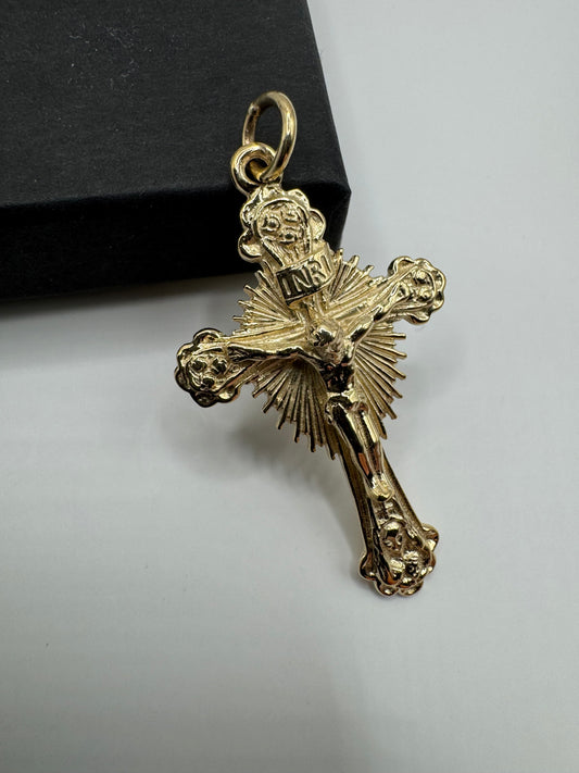 9ct Yellow Gold 46x25mm Solid Crucifix Sunburst Pendant (0020)