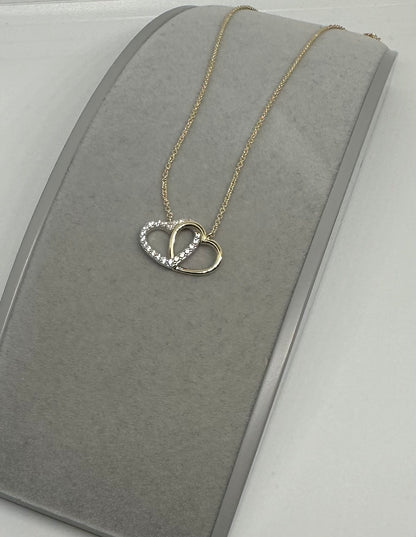 9ct Yellow Gold Zirconia Set Double Hearts Pendant on 18" Neck Chain (0596)