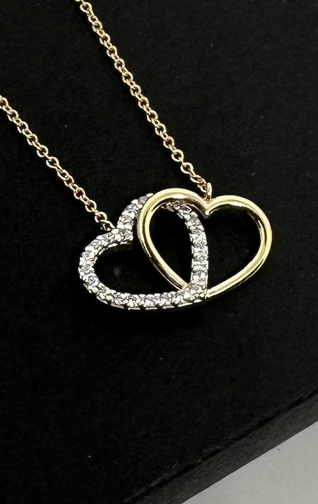 9ct Yellow Gold Zirconia Set Double Hearts Pendant on 18" Neck Chain (0596)