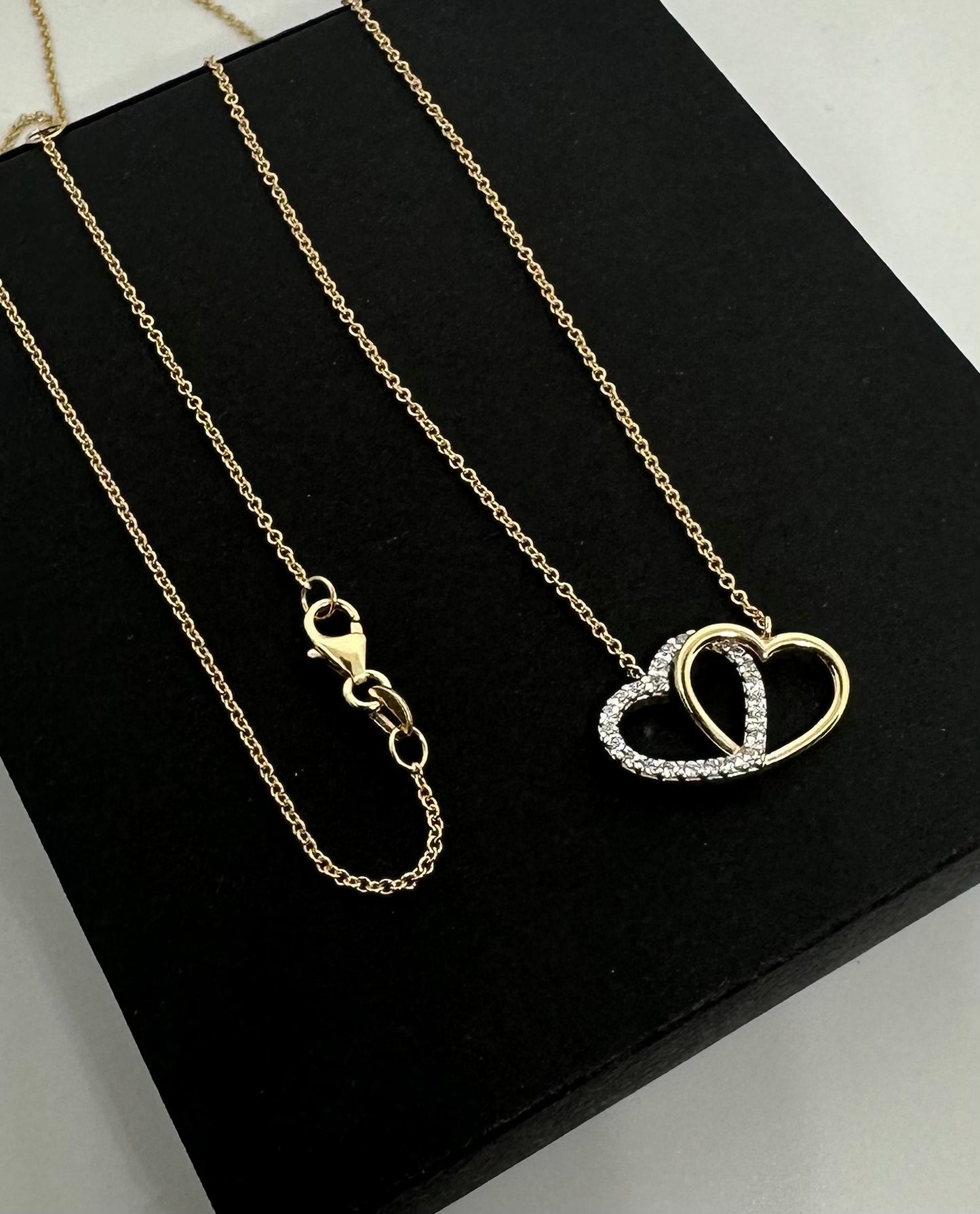 9ct Yellow Gold Zirconia Set Double Hearts Pendant on 18" Neck Chain (0596)